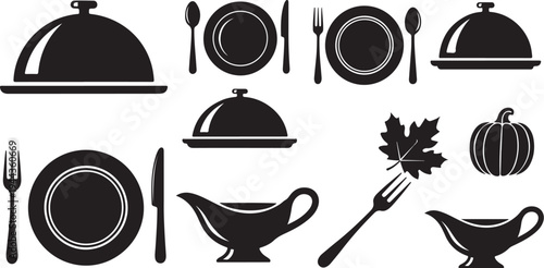 Black silhouettes of dinnerware and cutlery on white background