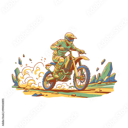 Motocross illustration for apparel. Dirt bike rider graphic design. Off road extreme sport artwork. Adrenaline speed adventure. Moto race poster art p