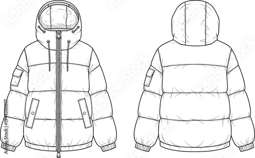 Cad drawing flat vector illustration of a quilted puffer jacket with hood technical fashion sketch for apparel design and tech packs.