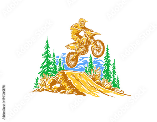 Dirt bike racing graphic design. Extreme sports artwork for apparel. Motocross adventure print design. Off road champion league. Thrilling jump vector