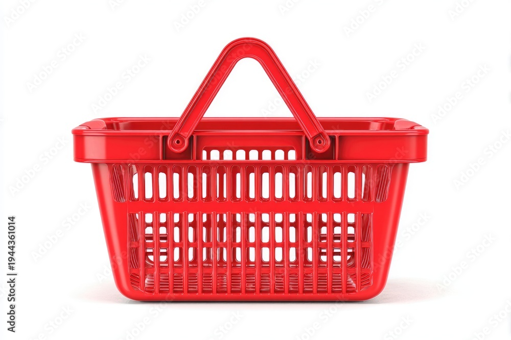 Fototapeta premium A bright red, empty, plastic shopping basket with a handle, isolated on white