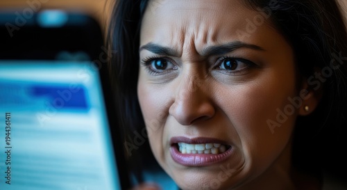 Disgusted Hispanic woman looking at screen with anger, frustrated and hateful expression, grimace