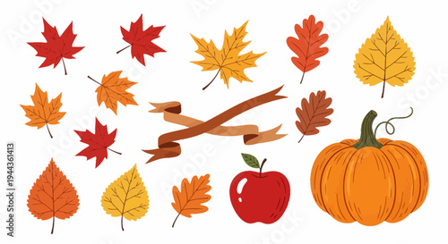 Autumn Harvest Elements: Maple Leaves, Oak Leaves, Pumpkin, Apple, Ribbons