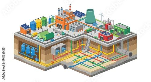 Cutaway illustration depicting a complex industrial facility with energy sources