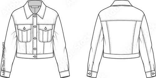 Women Cropped Denim Jacket Technical Flat Sketch Vector Illustration Front and Back View White Denim Trucker Jacket CAD Fashion Template