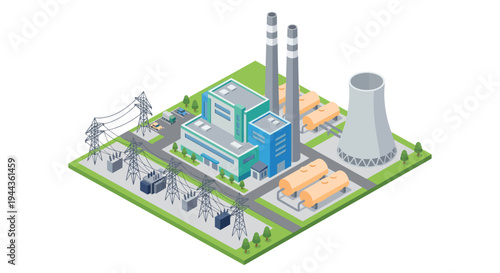 Isometric illustration of a modern industrial power plant complex