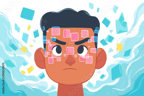 Human Portrait Formed from Fractured Glowing Digital Pixel Blocks