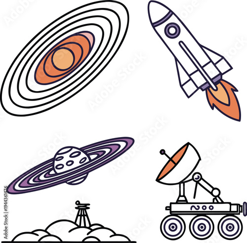 Space exploration vector icons featuring a rocket ship, ringed planet, galaxy, and lunar rover isolated on a white background for educational science projects