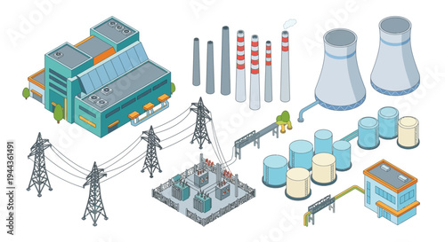 Isometric illustration of a modern industrial power plant complex