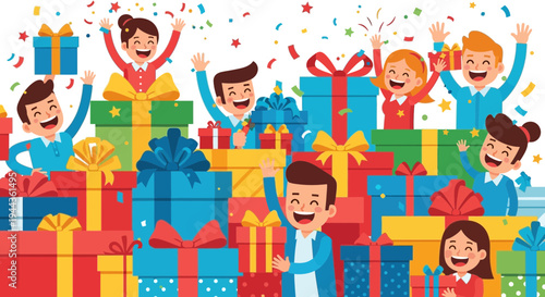 Happy People Celebrating with Many Colorful Gift Boxes and Confetti