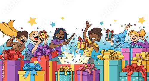 Happy Children Opening Surprise Birthday Presents with Confetti and Stars