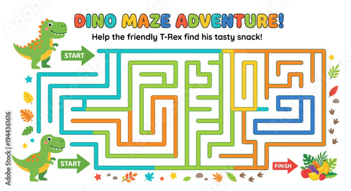 A colorful maze featuring a t rex helping it find a tasty snack