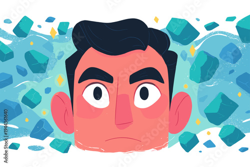 Human Portrait Formed from Fractured Glowing Digital Pixel Blocks