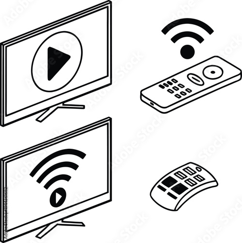 Smart TV and remote control icon set featuring wireless connectivity symbols and play buttons in a minimalist black and white line art vector style.