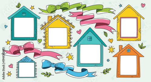 Cute Hand-Drawn Houses with Banners and Ribbons, Photo Frames, Scrapbook Elements
