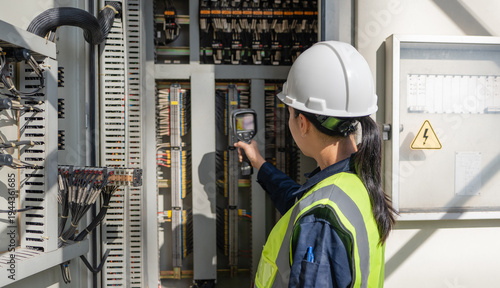 Foto Engineer performs industrial monitoring with a thermal camera inside an electrical control cabinet, supporting safety, reliability, diagnostics, and maintenance checks