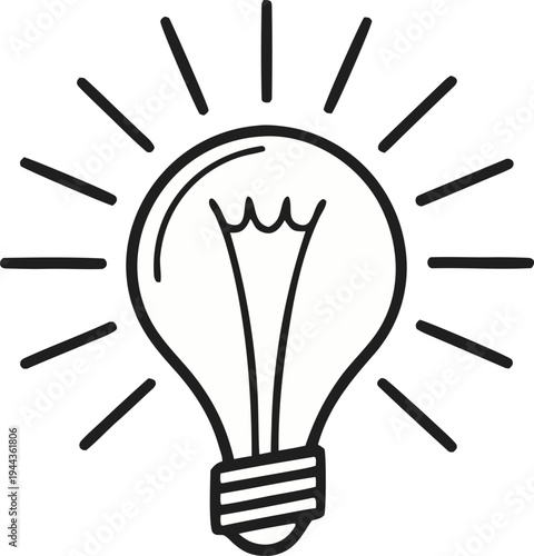 Light bulb illustration with shining rays representing a creative idea or innovation isolated on a white background for business and educational design projects