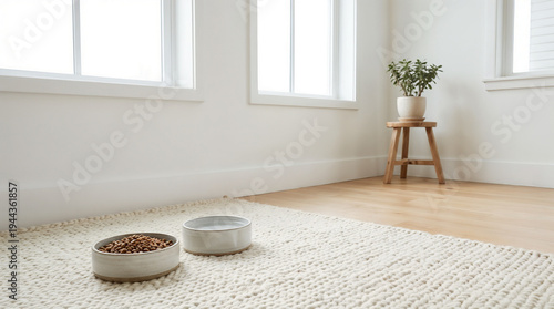 Two pet bowls with water and food in a bright room on the floor with copy space