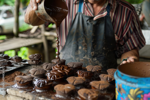 Artisan pouring melted chocolate into molds in rustic workshop