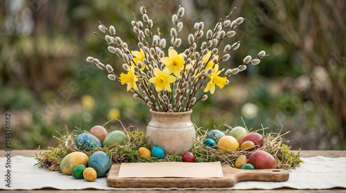 Easter arrangement on a wooden table with bouquet and multicolored eggs in moss with copy space