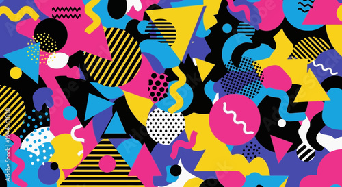 Retro 80s Memphis Style Pattern with Geometric Shapes and Vibrant Colors