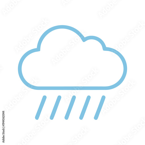 Light blue line icon of a rain cloud on a white background. Minimalist weather symbol showing falling raindrops from a cloud.