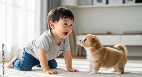 Happy Asian toddler boy playing with a puppy at home, expression of wonder and joy in living room