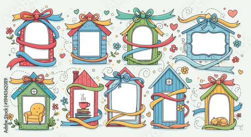 Cute Hand-Drawn House Photo Frames with Ribbons and Flowers