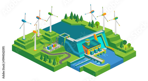 Isometric illustration of a hydroelectric and wind power generation facility