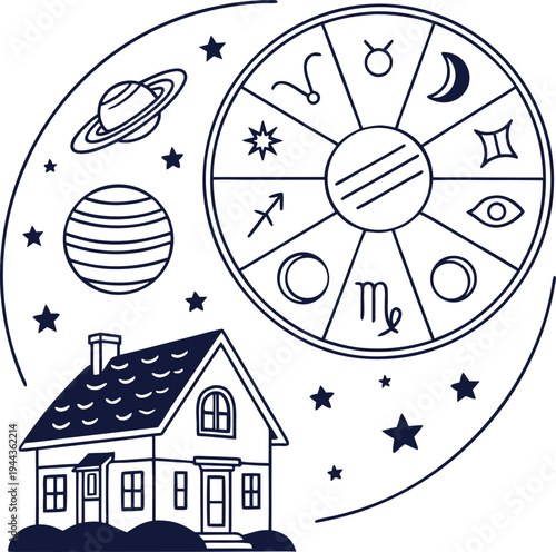 Astrology and celestial line art illustration depicting a cozy house beneath a night sky filled with planets, stars, and a circular zodiac wheel.