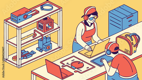 Isometric vector illustration of creative designers working in a modern maker space lab with 3D printers and laptops for technical product development.