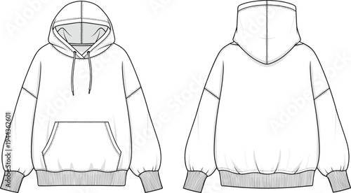 Oversized Women's Hoodie Technical Flat Sketch Vector Illustration Front and Back View CAD Drawing Template for Apparel Design and Fashion Mockup