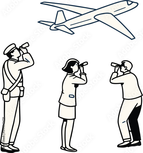 People in aviation uniforms and casual clothes looking through binoculars at a commercial airplane flying overhead in this minimalist vector line illustration.
