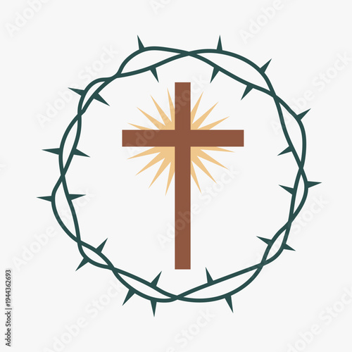 Christian Cross with Crown of Thorns and Radiant Light Burst