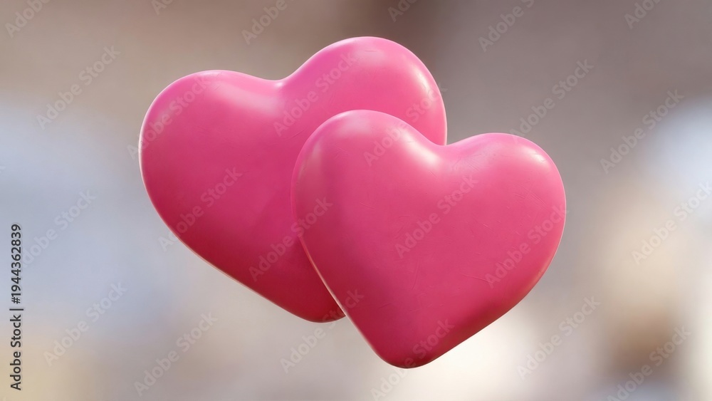 Fototapeta premium Two pink hearts floating together over blurred neutral background