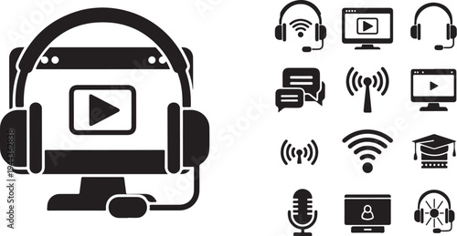 Online Learning and Video Streaming Technology Icons Set Black