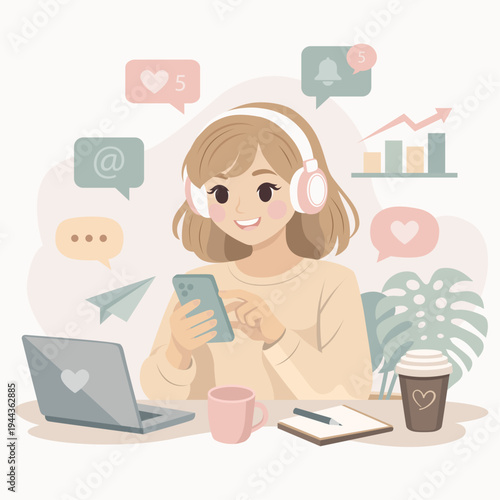 Social media manager girl with phone. Flat vector illustration of a young woman using a smartphone while wearing headphones at a desk with laptop and coffee. Social media notifications and marketing i