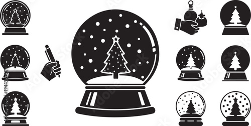 Black and white snow globe Christmas tree icons set