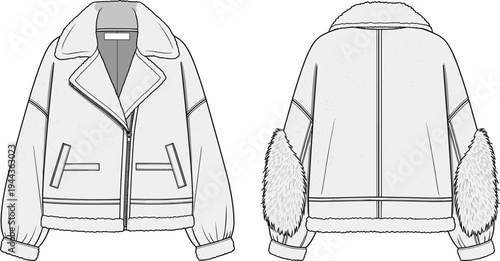 Oversized shearling aviator jacket technical fashion sketch, cad drawing flat vector illustration, front and back views with faux fur trim.