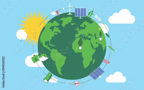 Planet Earth with Renewable Energy Sources and Environmental Icons Circling Stock Illustration