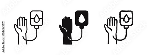 Blood Donation Icons - Hand and blood bag symbols for health, charity, and medical support in different styles.