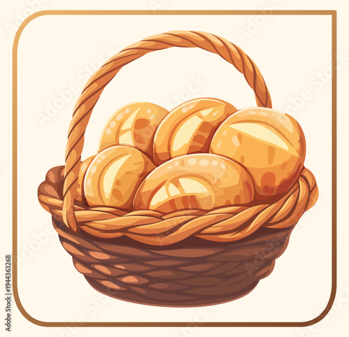 Food vector illustration of a basket with freshly baked golden buns, for a picnic or a delightful snack. Crispy crust and wicker basket adds a touch of rustic charm, vector icon for bakery menus, food