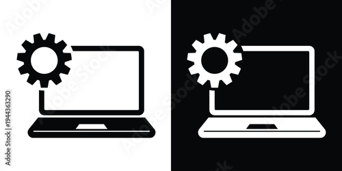 Laptop computer icon with a gear symbol on the screen. Black and white vector set symbolizing technical support, system configuration, software development, and computer maintenance.