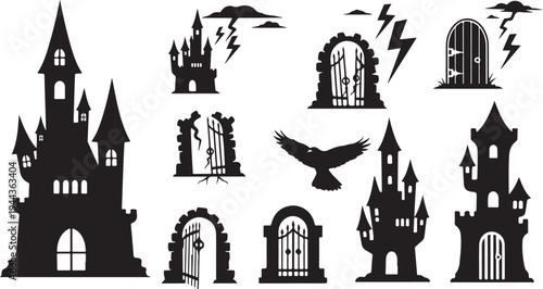 Halloween Castle Silhouettes with Bats and Lightning Storms