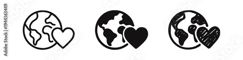 Earth and Heart Icons - Global love, environmental care, and world peace symbols in various styles.