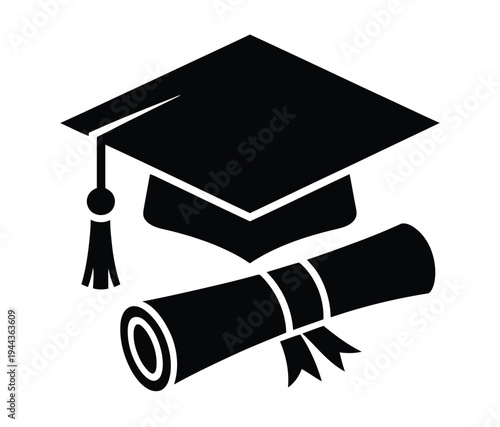 Graduation Cap and Diploma Scroll Black Academic Icon