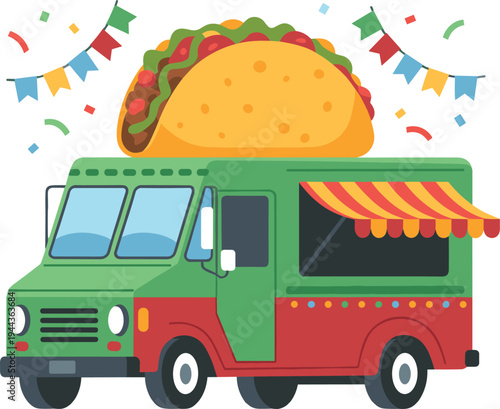 Taco Food Truck with Festive Bunting and Confetti Bright Colors Street Food Concept Vector Illustration