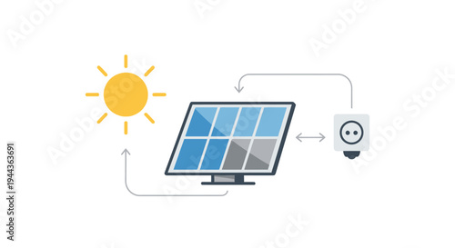 Solar panel generating electricity from sun to power light bulb icon