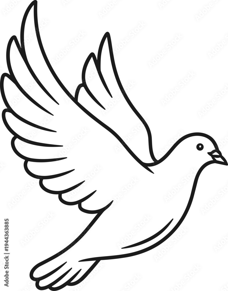 Obraz premium Black and white line drawing of dove in flight with spread wings and fanned tail, symbolizing peace, freedom, hope, and spiritual harmony artwork
