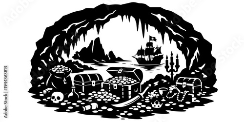 hidden pirate cave filled with treasure chests gold coins and rock formations black and white vector scene featuring representing secret locations mystery and treasure hunting adventure